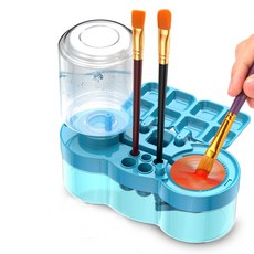 洗筆器 畫筆清洗器 洗筆筒 水彩調色盤 洗筆桶 自帶調色盤 一鍵換水 大容量水箱 5格插筆槽, 【藍色】自帶調色盤