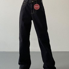 옷자락 여자 로우라이즈 와이드 스티치 기모 블랙진 청바지