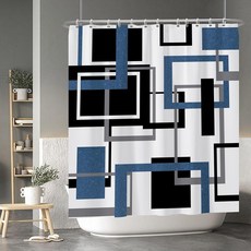 Baocicoo 모던 기하학 샤워 커튼 세트 블랙 화이트 블루 욕실 사각형 추상 미니멀리즘 목욕 방수 내구성 후크 포함 91.4 x 182.9cm(36 72인치), 네이비 블루