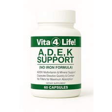 Vita4Life! ADEK 지용성 비타민 A D E K - 고흡수성 비만 종합 비타민 - B-복합체 및 칼슘이 함유된 철분 없음 포뮬러 - 수술 후 및 일반 건강을 위한 60, 1개