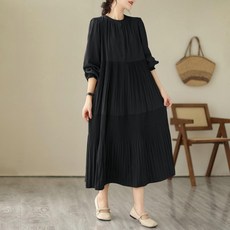 라운드넥 빅사이즈루즈핏 플리츠 퍼프소매 기계주름 캉캉, 블랙