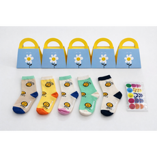 국내산 아동배색 스마일 양말답례품 5p세트 선물상자 스티커세트 어린이집 유치원 생일 답례품