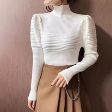 클레이스 팔 가늘어 보이는 여성스런 반목폴라 퍼프소매 니트 티셔츠