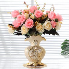 送瓶墊陶瓷臺面花瓶客廳插花擺件裝飾品餐桌歐式仿真花瓶仿真花永生花人造花乾燥花永不凋零拍照道具假花裝飾居家裝飾, 百靈超工供應廠 花瓶+粉色玫瑰（2束34