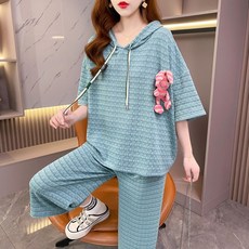 idea 女裝兩件套 短袖連帽T恤七分褲休閒運動套裝