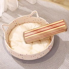 고양이 바구니 원형 숨숨집 냉방 집 라탄 오픈형, S 15cm [1.5kg 이하], 1개, 로프 고양이 귀 밀키화이트 매트 + 쿨링 매트