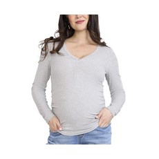 Motherhood Maternity 여성용 긴팔 V넥 사이드 셔링 헨리넥 임신 티셔츠 블랙, 헤더 그레이