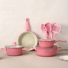 HUID 4종 스테인리스 냄비 세트 불붙지않는 냄비 + 국냄비 + 편수냄비 + 프라이팬 + 주걱 포함 인덕션/가스 겸용 다용도 주방용품, 핑크, 1개, 4종 냄비 세트