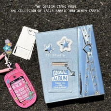 Card 手賬本牛仔鐳射卡冊 A5活頁相冊 四宮格追星小卡收納冊 拍立得相冊愛豆追星, 藍色,外殼+20張內頁