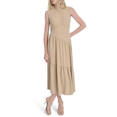 DKNY 여성용 민소매 주얼 넥 비대칭 솔기 미디 드레스 카키 12