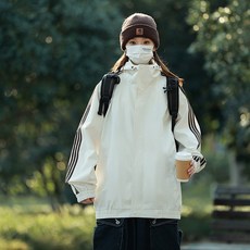 男款三條紋防風運動連帽衝鋒衣外套, L, 象牙白