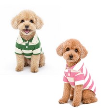 후쿠호 1+1 반려견 스트라이프 카라 티셔츠 강아지 데일리룩 소형견 중형견 애견 의류, 그린 1장 + 핑크 1장, 1세트