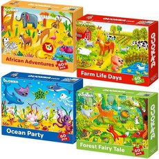 QUOKKA 만 4-6세 아동용 퍼즐 - 만 3-5세 유아용 4x60 직소 퍼즐 세트 - 만 6-8세 아동용 동물원 개 동물 장난감 - 남아 및 여아용 선물 교육용 게임, 4x60 동물