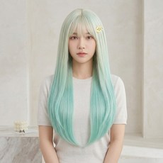 여름 얇은 장발 가발 생머리 여성 55CM(수납 포켓 포함), 1개, 민트그린