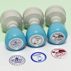 칭찬스탬프 3종1세트 3원형 만년스탬프 알림장 숙제 확인 검사 도장 어린이집 유치원 학교 선생님 부모님용, 1개, 케이스(블루)2번세트