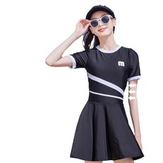 HANQI 女款連體泳衣 裙式內搭 底褲 保守設計 字母印花 大碼運動泳衣, 優雅黑 分體褲