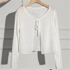 PEROLA 100kg까지 여성 여름 쉬폰 숏 가디건 골지 리본 끈 브이넥 긴팔 래시가드 가디건 빅사이즈 카디건 아우터(M~4XL)