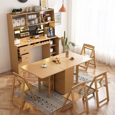 日式餐邊櫃靠墻洞洞闆小戶型帶折疊式隱形餐桌一體日係桌子收納櫃 NHFE, 1.6米原木色桌櫃+實木椅*4, 1個
