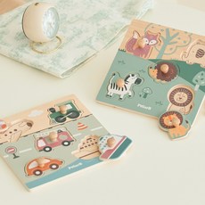 폴라비 원목 동물 캐릭터 + 운동수단 대중교통 캐릭터 꼭지 손잡이 퍼즐 세트, 1세트