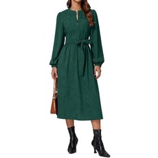 EZAPINE 코듀로이 드레스 여성용 롱 퍼프 슬리브 집업 빈티지 가을 겨울 미디 드레스 벨트 포함 초록색. XL