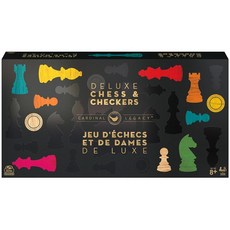 Spin Master Games Cardinal Legacy 디럭스 더블 6 도미노 안감 처리된 나무 케이스에 담긴 도미노 28개 클래식 보드 게임 세트 어린이 및 가족용, Chess & Checkers