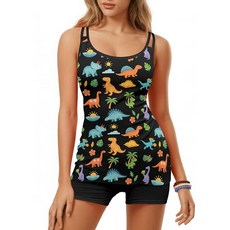 [ 1205106 ] 헌트파미 탱크니즈 여성용 수영복 투피스 2025 여름 복부 컨트롤 탱크탑 보이쇼츠 포함 공룡 M