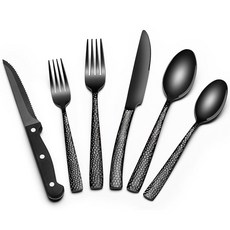 스테이크 나이프가 포함된 24피스 블랙 실버웨어 세트 4인용 플랫웨어 식품 등급 스테인리스 식기 가정용 거울 마감, Wave Hammered