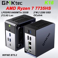 GMKtec K16 AMD Ryzen 7 7735HS 미니 PC LPDDR5 6400MTs 32GB M2 2280 SSD 225G LAN USB4 WiFi6E BT52 게이, 01 Ryzen 7 7735HS, 02 유럽 ​​연합, 02 LPDDR5 32GB 512GB