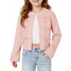 Haloumoning 여아용 크롭 가디건 스웨터 아동용 귀여운 리본 긴소매 니트 스웨터 상의 만 5~14세 핑크 9~10세