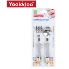 Yokidoo超值二入繽紛叉勺組 兒童不鏽鋼餐具 304不鏽鋼餐具組 寶寶餐具 兒童叉勺組 學習餐具, 1個, 淺灰奶牛
