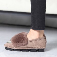 편안한 실내외 여성화 퍼슬립온 포근한 플랫슈즈 베이지 데일리 겨울 스웨이드