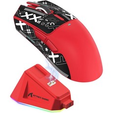 매직-리파인어 어택 샤크 X11 59g 초경량 무선 게이밍 마우스 마그네틱 RGB 충전 도크 BT2.4G 무선유선 PC노트북맥 블랙 용 22000개의 DPI 5 프로그래밍 가능, Red & Griptape