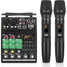 XTUGA 4 채널 오디오 믹서 무선 마이크가 있는 노래방 사운드 보드 콘솔 BT-4.0 48V 팬텀 전원 홈 DJ용 USB 인터페이스 녹음 및 라이브 스트리밍 지원
