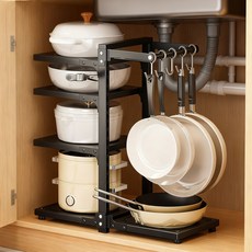 KEMEI [높이조절] 싱크대 냄비 수납 선반 주방 팬 정리대 조리대 다용도 냄비선반, 블랙, 1개, 5단