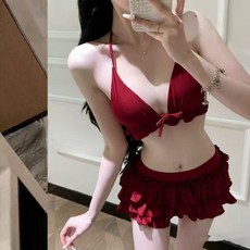 甜美少女三件套 分體泳衣 女性感比基尼 蛋糕裙度假泳衣, 酒紅色三件套,L