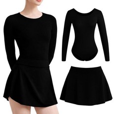 WYHDY 풀온 스커트가 있는 여성용 발레 레오타드 2개 라운드넥 긴소매 블랙. S