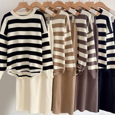모던허니 여성 스트라이프 H라인 허리밴딩 치마 세트 셋업 단가라니트 니트치마 데일리템 간절기템