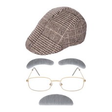 Hmxpls 할아버지 노인 코스튬 키트 4개 - 회색 콧수염과 눈썹 안경 플랫 모자 카키 원사이즈