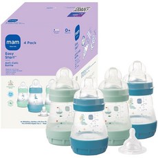 MAM 127.6g(4.5온스) 이지 스타트 배앓이 방지 + 와이드 넥 통기성 아기 젖병 매우 느린 유속 모유 수유 같은 실리콘 젖꼭지 배앓이 가스 및 역류 감소 간편한, 141.7g(5온스), 민트/블루 틸