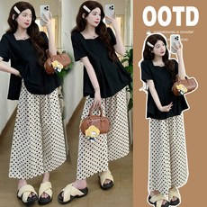패션 임부복 상하의 세트 봄 여름 임산부 캐주얼 솔리드 셔츠 상의 + 루즈핏 도트 와이드 바지 투피스 WMY