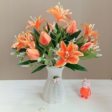仿真花擺件套裝，客廳臥室餐桌裝飾, 2束鬱金香百合+圓口花瓶（橙色）