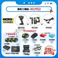 Worx 2024 最新三機組 WU952 wu388 wu291d wu806 電鎚 電鑽 砂輪機 水電 公司貨, 1個