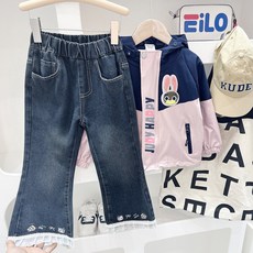 女童春鞦新款牛仔褲2025鞦季女孩休閒喇叭褲子卡通可愛寶寶牛仔褲