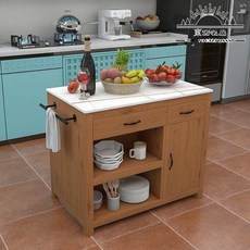 木質廚房中島推車，附毛巾架及收納櫃, 木色