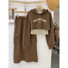 休閒連帽字母運動服套裝 附半身裙, 黑色三件套,2XL 建议120-160斤