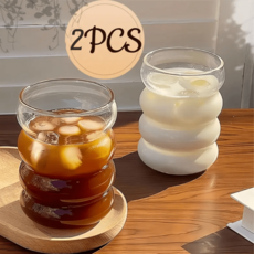 두꺼운 감성 곡선 디자인 홈카페 커피 우유 유리컵 2p 세트, 투명, 2개