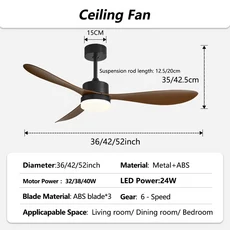 낮은 바닥 천장 선풍기 리모컨 LED 조명 실내 레스토랑 단단한 나무 나뭇잎 샹들리에 52 인치, 03 Black walnut wood, 03 52inch, 01 DC double control