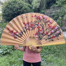 古風絹布大摺扇 梅花繪畫 掛牆裝飾 舞蹈表演道具, 63*110