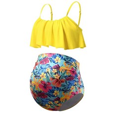 DEBELLY 임산부 비키니 세트 투피스 수영복 러플 여성용 수영복 하이 웨이스트 빈티지 임산부 수영복 오렌지 화이트 플라워 M, Small, 옐로우 트로피컬
