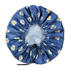 可調節雙層防水浴帽女家用防油煙廚房帽兒童成人通用印花時尚款, 1個, 藍色菊花:28cm